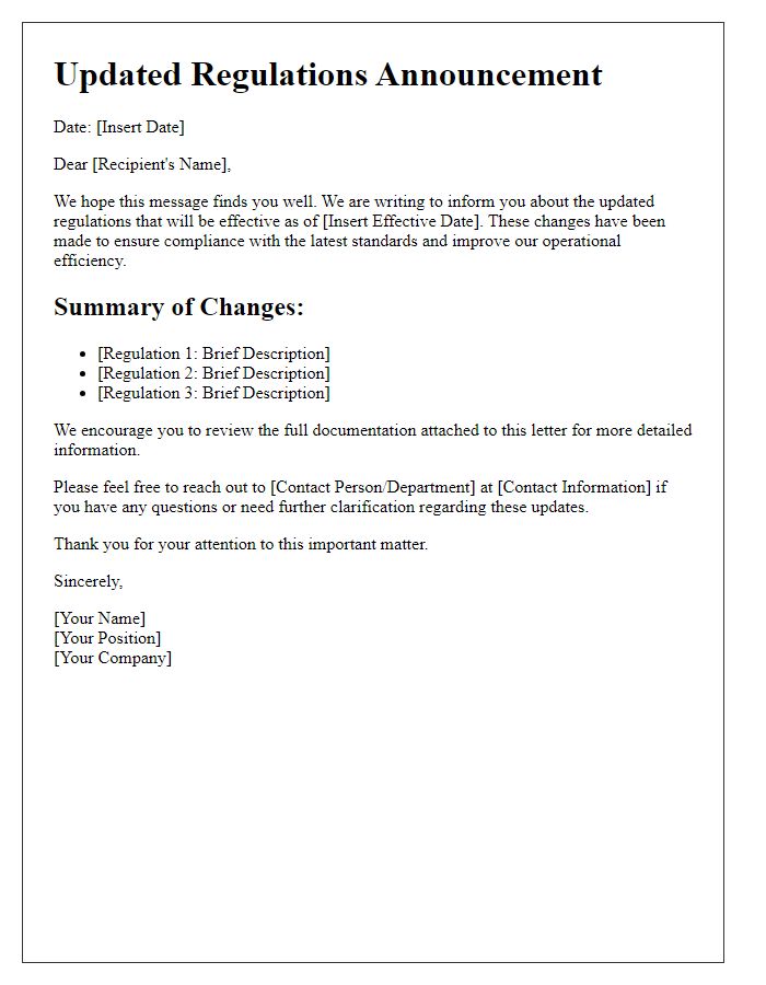 Letter template of updated regulations announcement