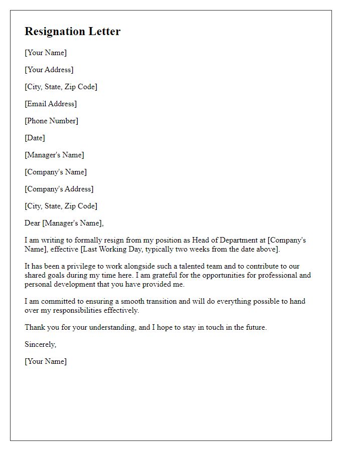 Letter template of resignation as a head of department