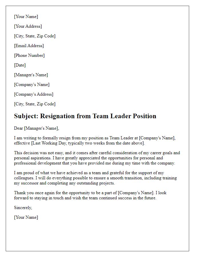 Letter template of resignation as a team leader