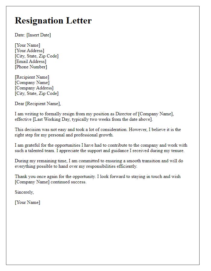 Letter template of resignation from a director role