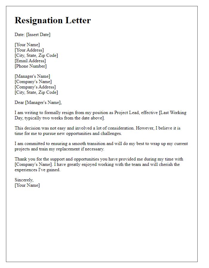 Letter template of resignation from a project lead