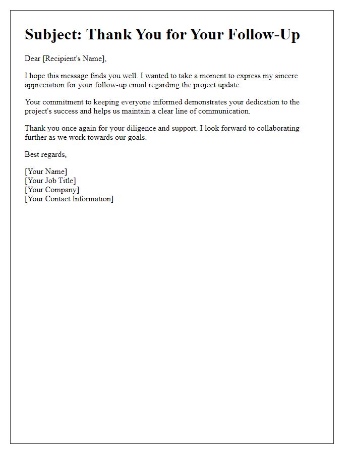 Letter template of appreciation for a follow-up email on a project update