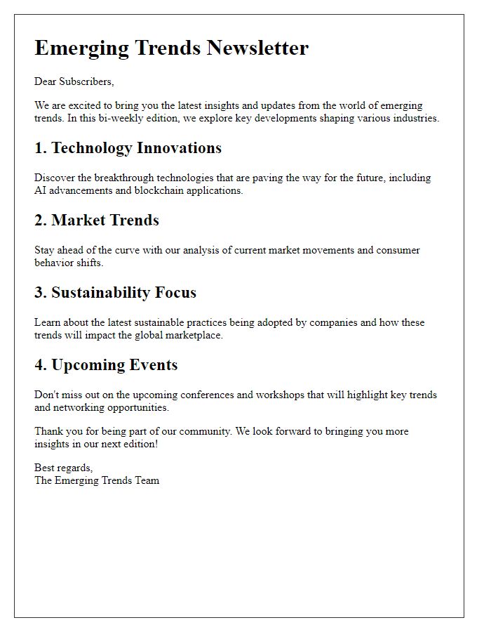 Letter template of bi-weekly emerging trends newsletter.