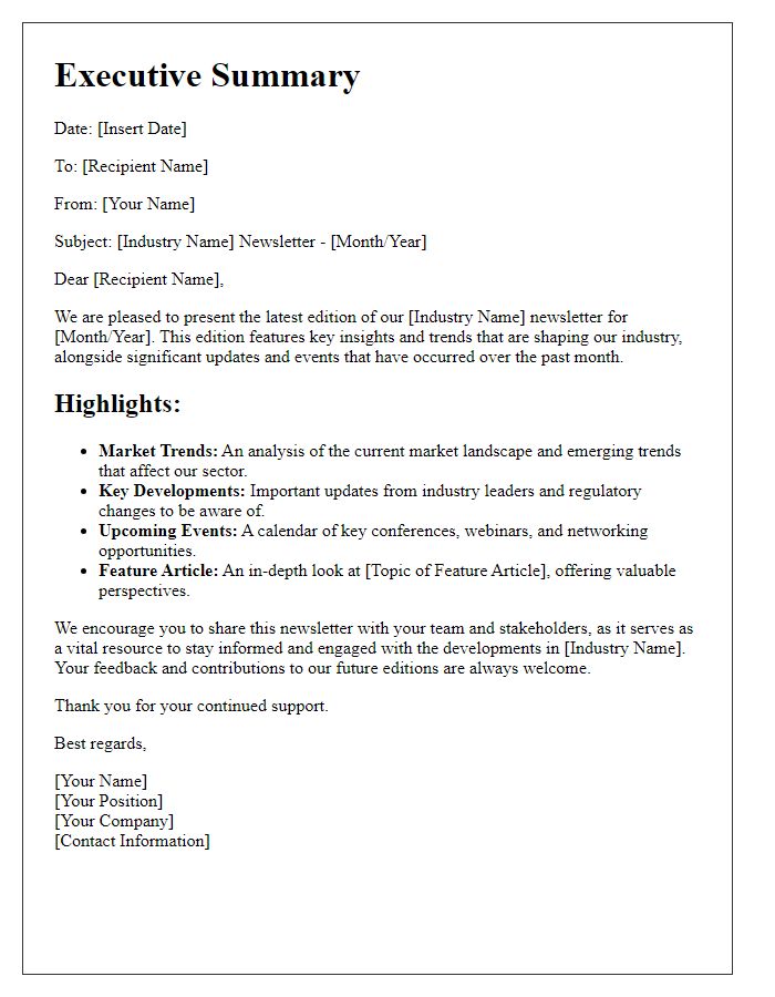 Letter template of executive summary industry newsletter.