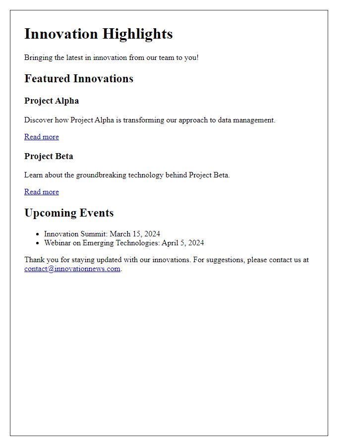 Letter template of innovation highlights newsletter.