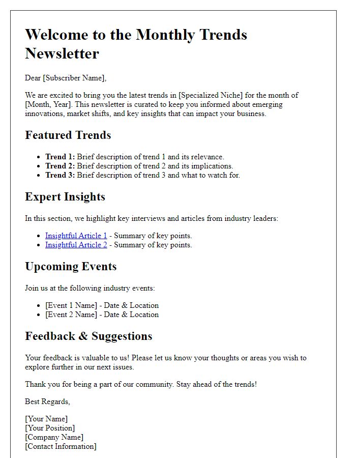 Letter template of specialized niche trends newsletter.