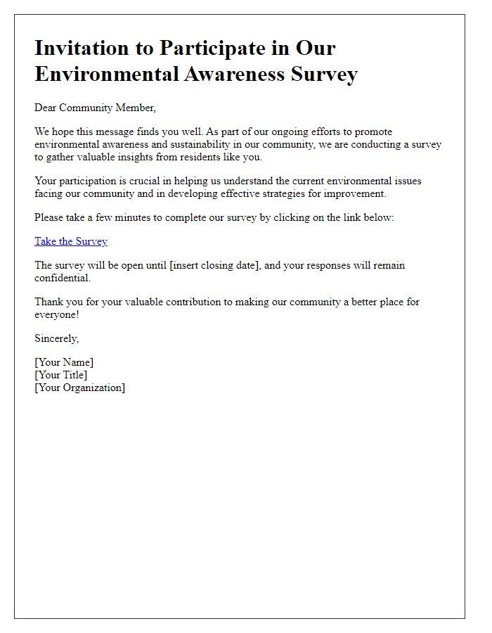 Letter template of community survey invitation for environmental awareness.