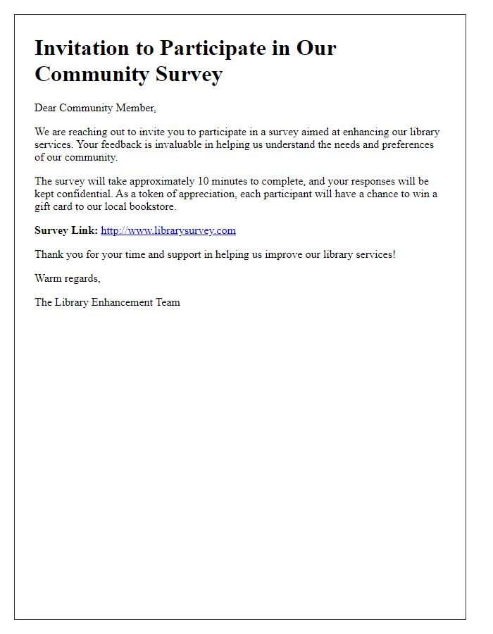 Letter template of community survey invitation for library service enhancement.