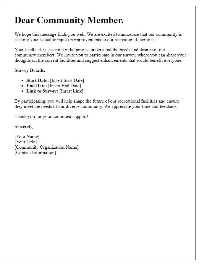 Letter template of community survey invitation for recreational facility improvement.