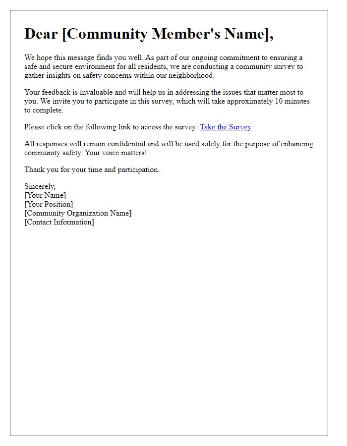 Letter template of community survey invitation for safety concerns reporting.