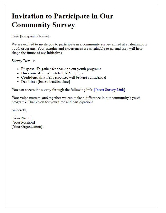 Letter template of community survey invitation for youth program evaluation.