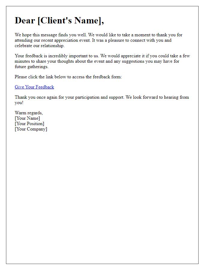 Letter template of client feedback request post-appreciation event.
