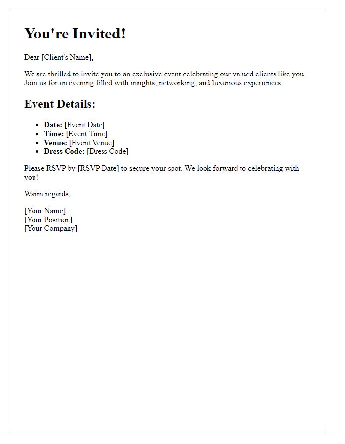 Letter template of exclusive event details for valued clients.