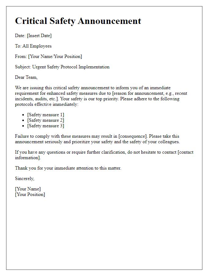 Letter template of critical safety announcement