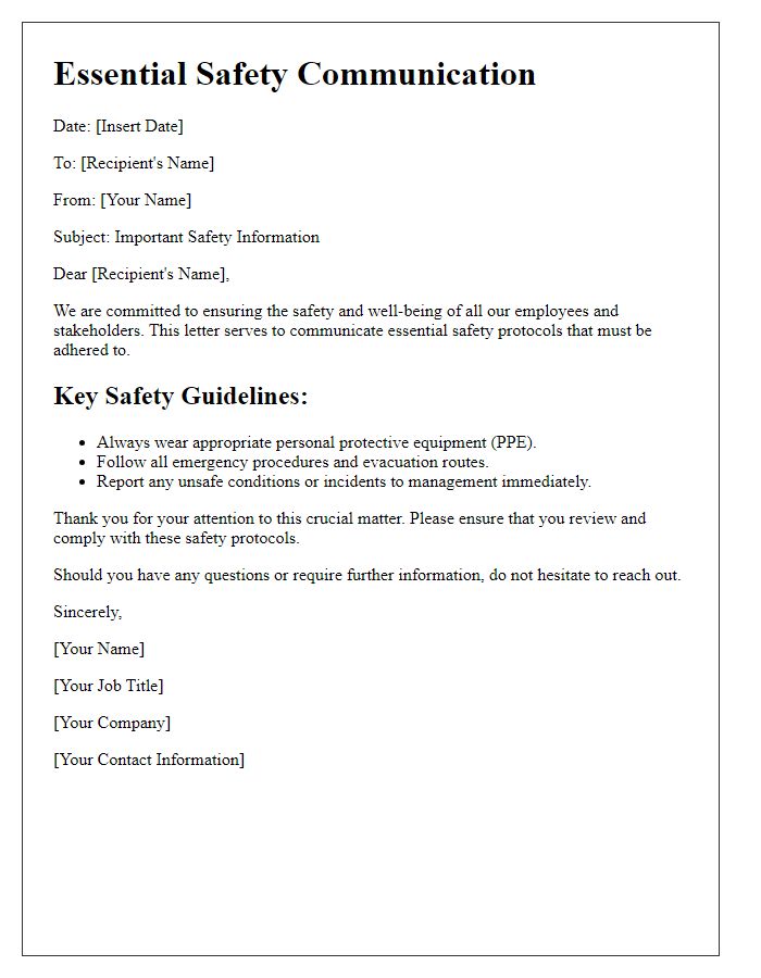 Letter template of essential safety communication