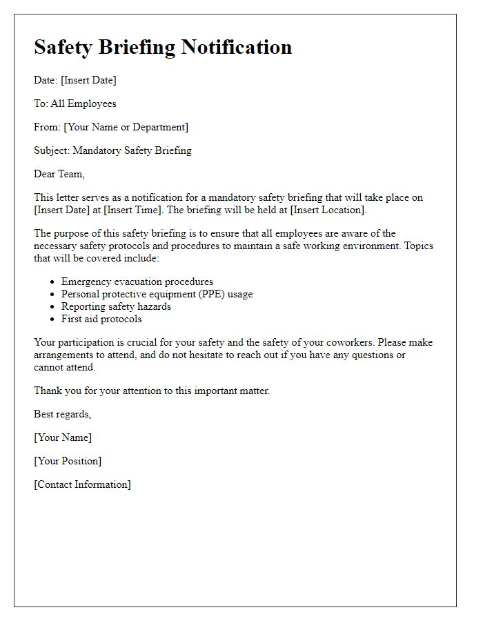 Letter template of necessary safety briefing