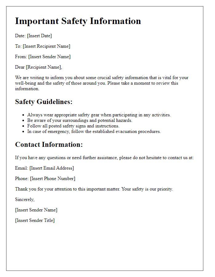 Letter template of vital safety information