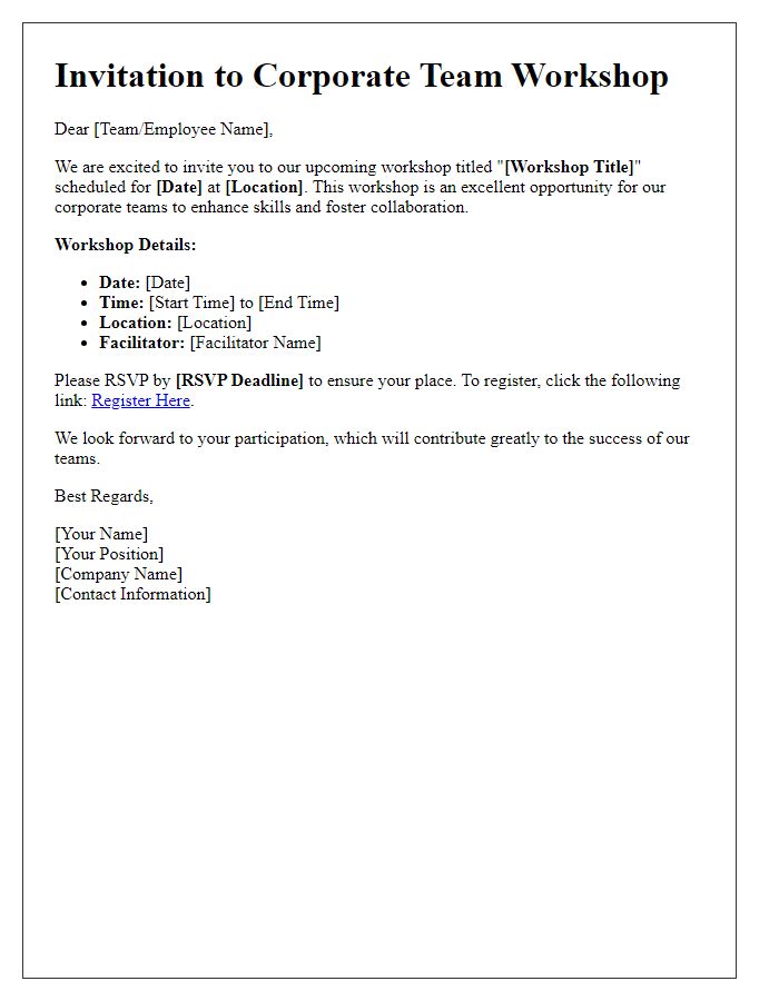 Letter template of workshop registration invitation for corporate teams