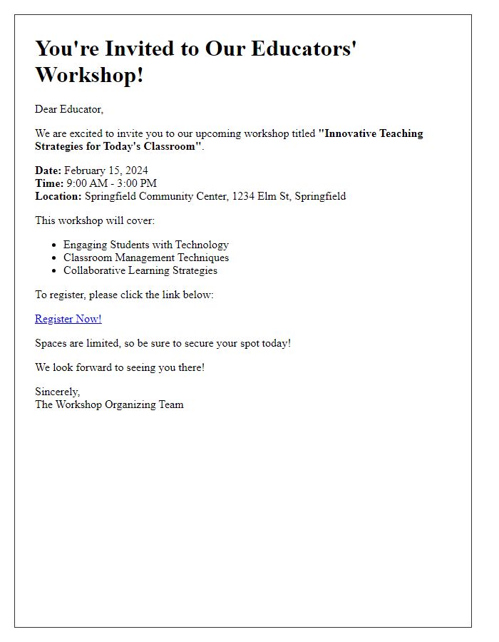 Letter template of workshop registration invitation for educators