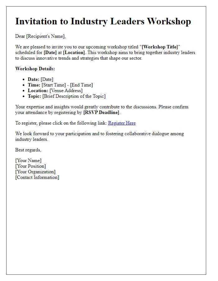 Letter template of workshop registration invitation for industry leaders