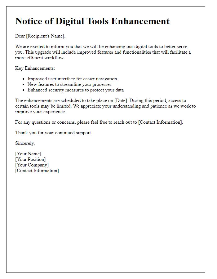 Letter template of digital tools enhancement notice