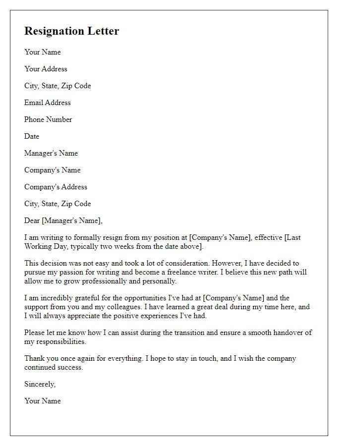 Letter template of resignation for departing from a 9-to-5 job to become a freelance writer.