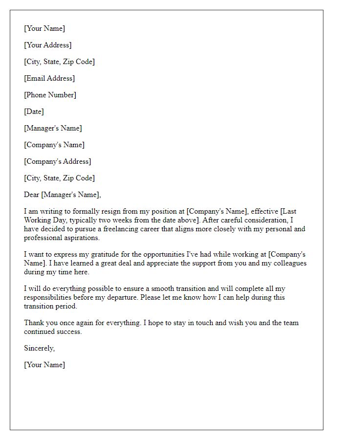 Letter template of resignation for leaving a corporate job to start a freelancing career.