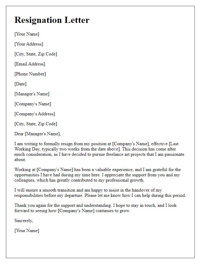 Letter template of resignation for opting out of a full-time job to explore freelance art projects.