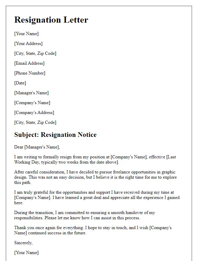 Letter template of resignation for pursuing freelance opportunities in graphic design.