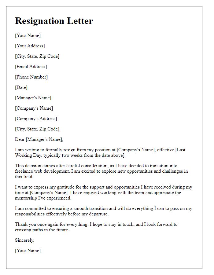 Letter template of resignation for transitioning from a corporate role to freelance web development.