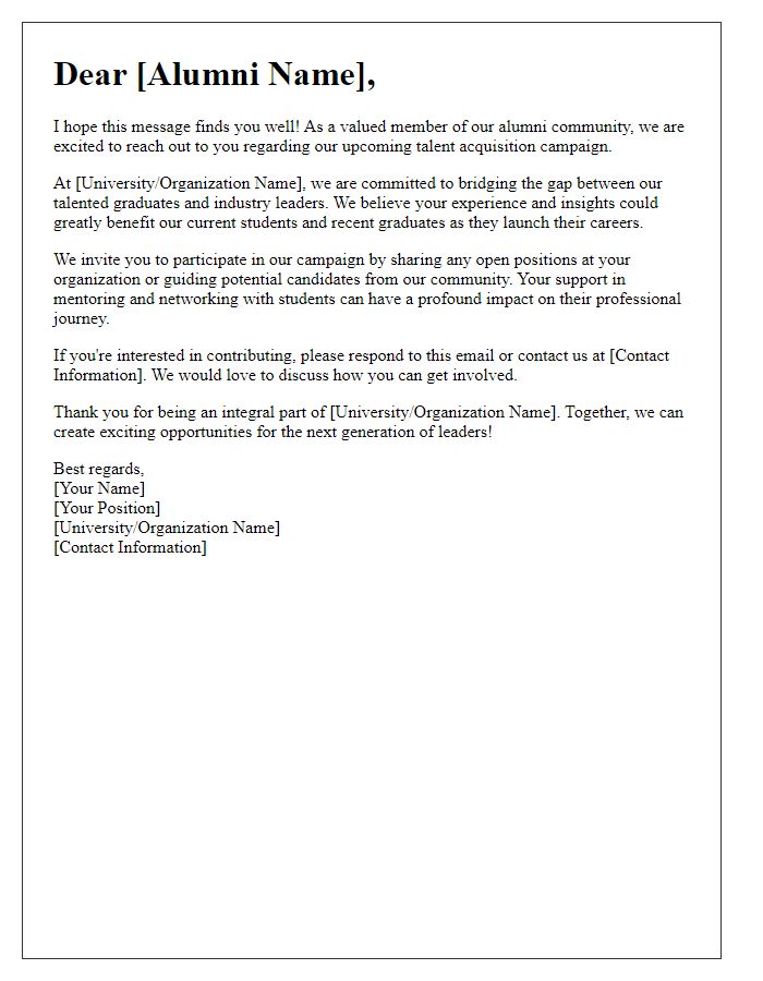 Letter template of alumni engagement for talent acquisition campaign