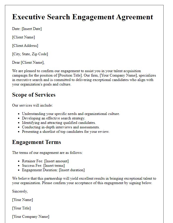 Letter template of executive search engagement for talent acquisition campaign