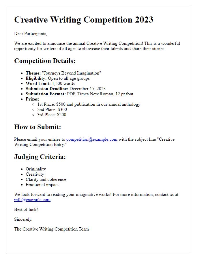 Letter template of creative writing competition details