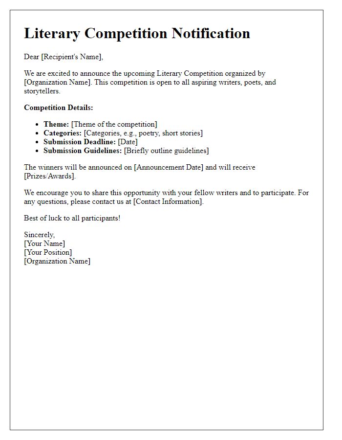 Letter template of literary competition notification