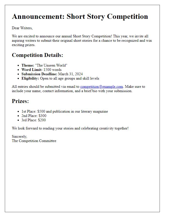 Letter template of short story competition announcement