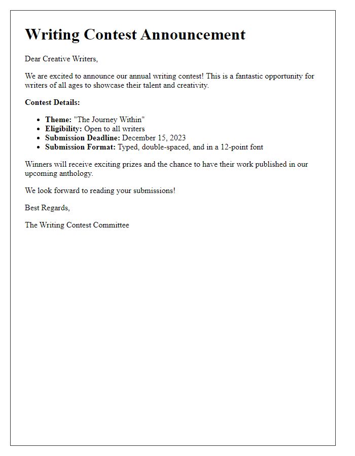 Letter template of writing contest announcement