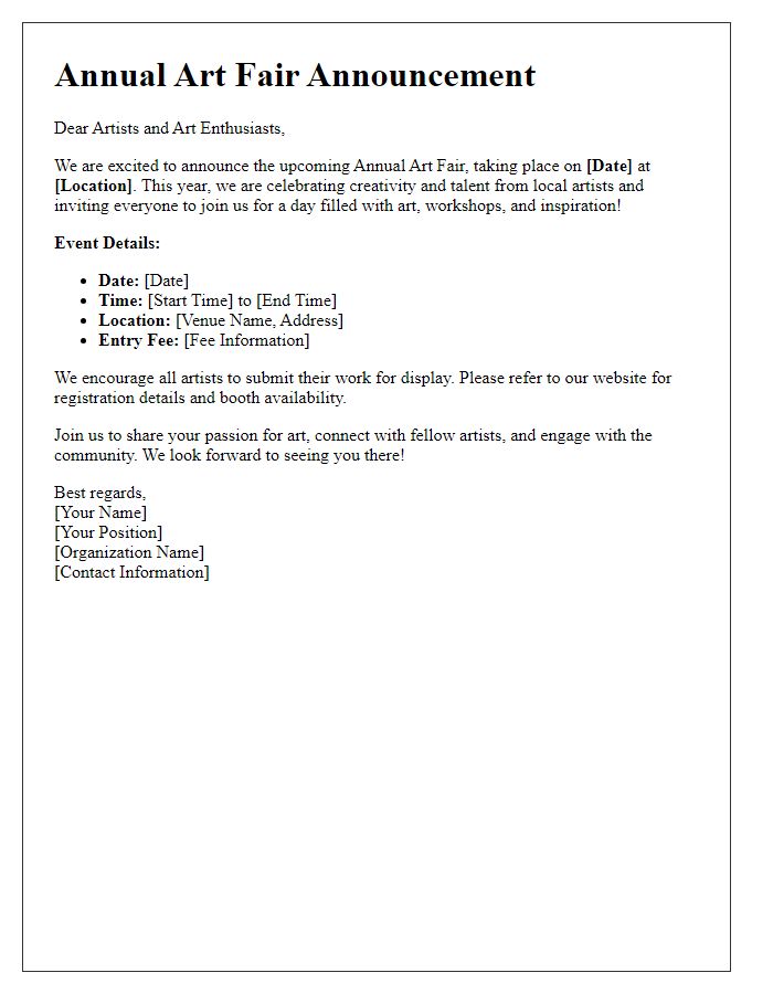 Letter template of announcement for an annual art fair.