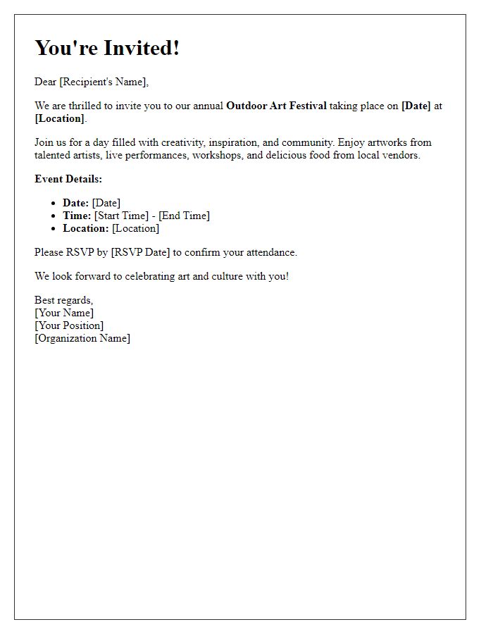 Letter template of invitation for an outdoor art festival.