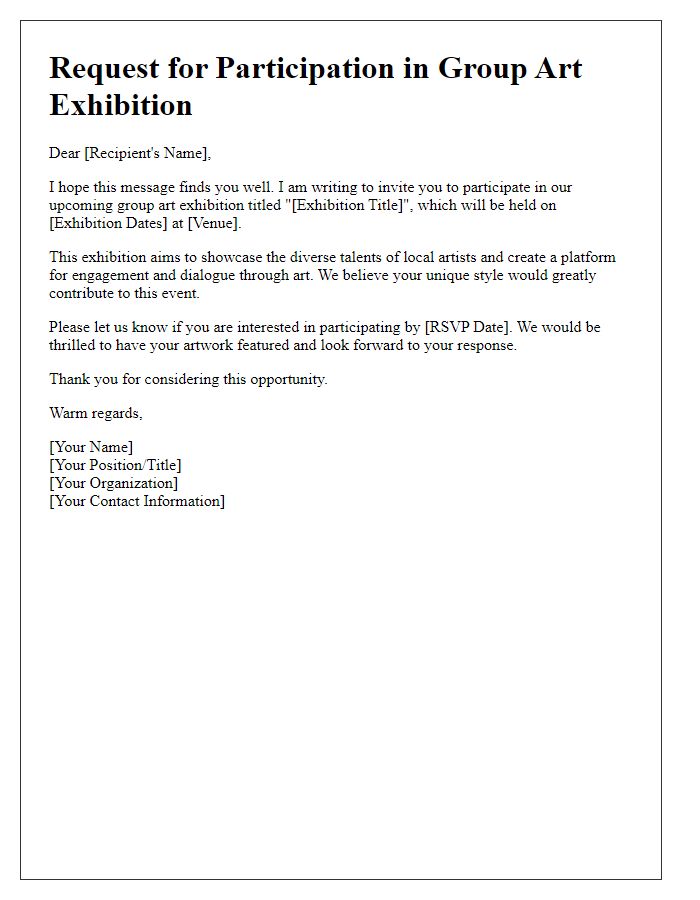 Letter template of request for participation in a group art exhibition.