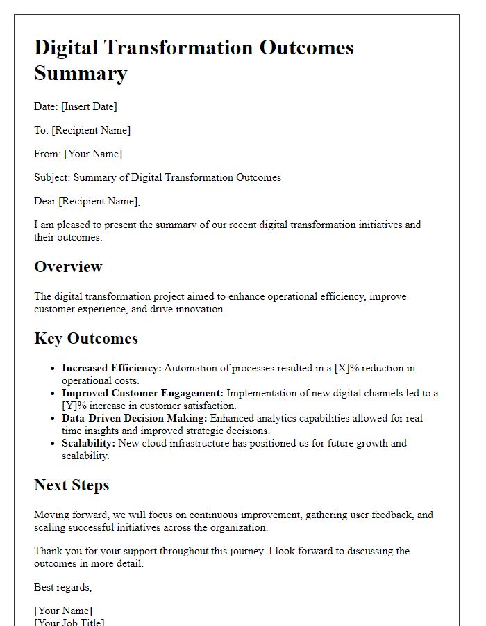 Letter template of digital transformation outcomes summary