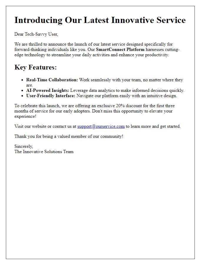 Letter template of innovative service introduction for tech-savvy users