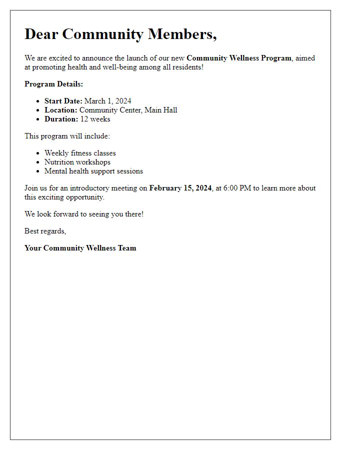 Letter template of announcement for community wellness program.