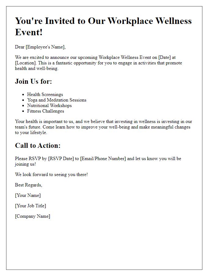 Letter template of call to action for workplace wellness event.