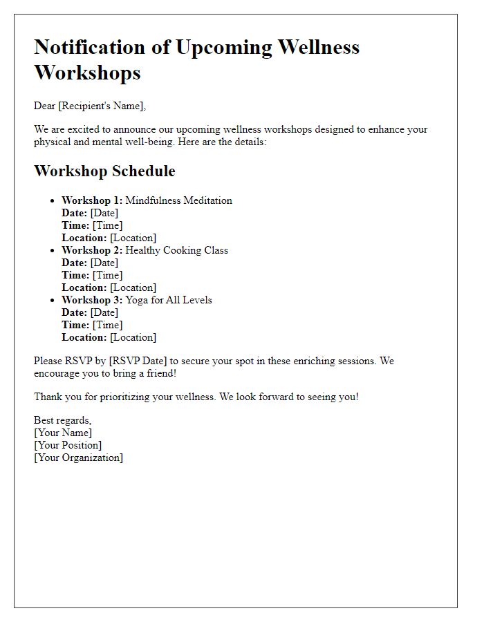 Letter template of notification for upcoming wellness workshops.