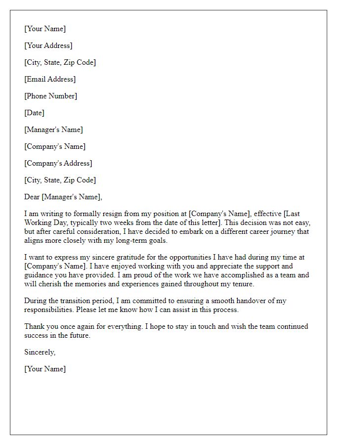 Letter template of resignation for embarking on a different career journey