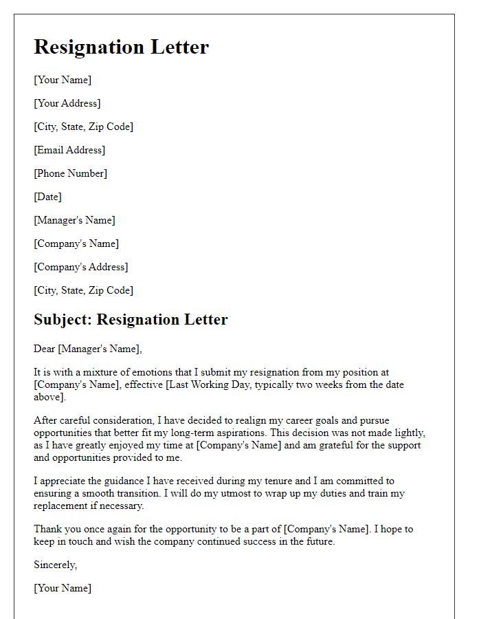 Letter template of resignation for realigning career goals