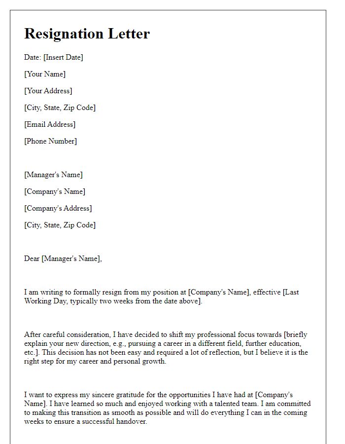 Letter template of resignation for shifting professional focus