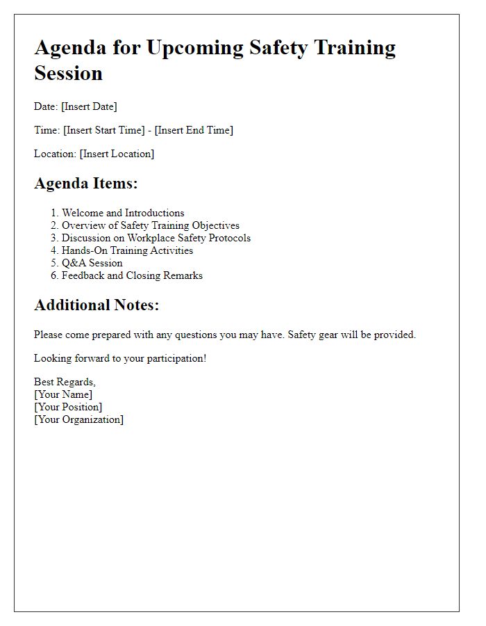 Letter template of agenda for upcoming safety training session