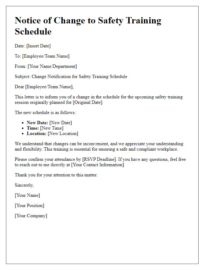 Letter template of change notification for safety training schedule