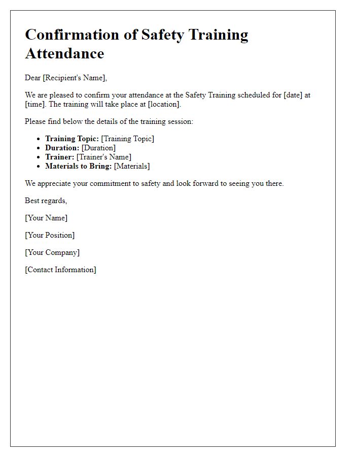 Letter template of confirmation for safety training attendance